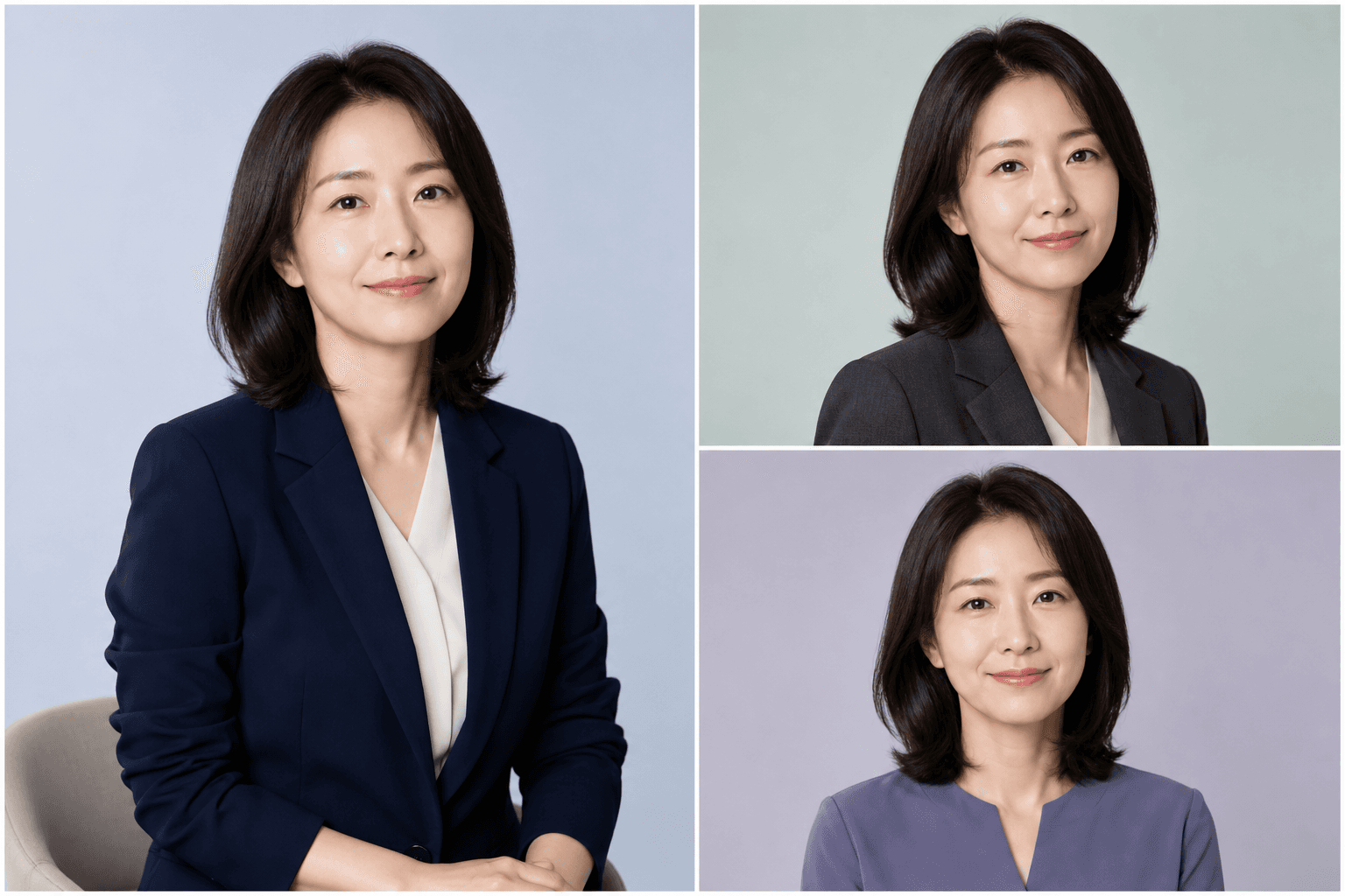 같은 가상 인물의 배경과 의상 변화를 보여 주는 AI 프로필 사진 예시